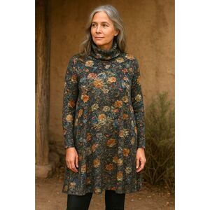 NWT Peruvian Connection Black Floral Turtleneck Mini Dress  Women's Size XL